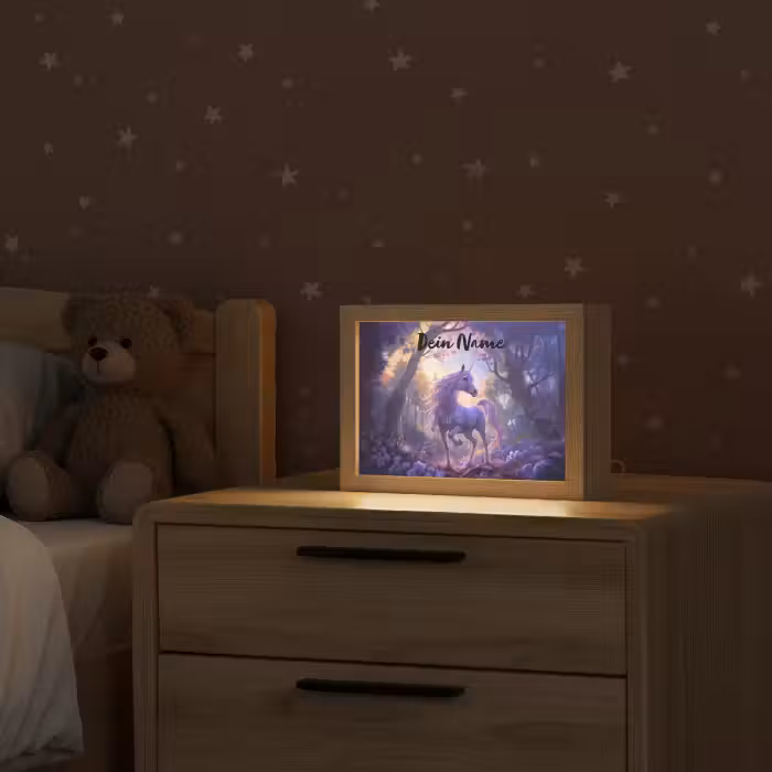 Lightbox - Wandlampe Kinderzimmer mit Namen - Einhorn - Lila - Märchen - Fantasietier