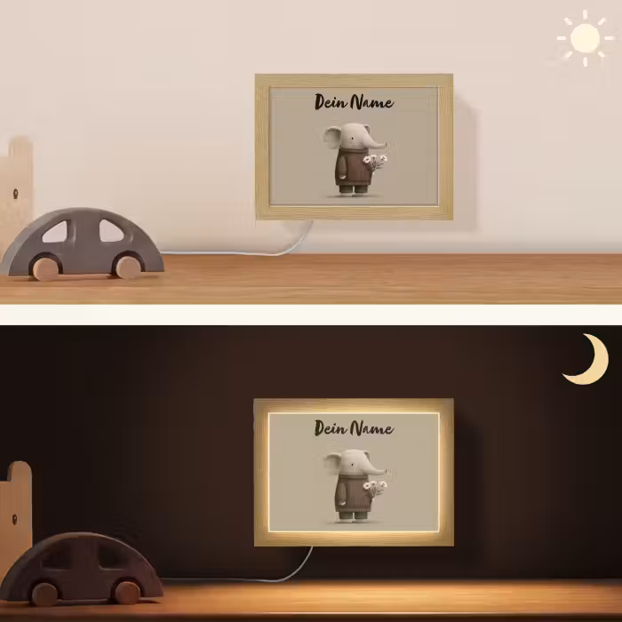 Lightbox - Wandlampe Kinderzimmer mit Namen - Elefant - Weiße Blumen - Kinderfreundlich