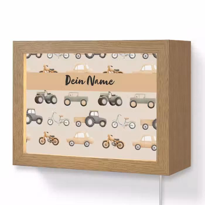 Lightbox - Wandlampe Kinderzimmer mit Namen - Fahrzeuge - Illustration - Farbenfroh