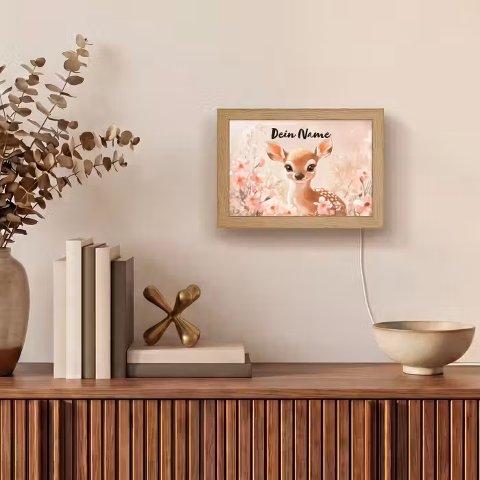 Lightbox - Wandlampe Kinderzimmer mit Namen - Hirsche - Illustration - Blumen - Rosa