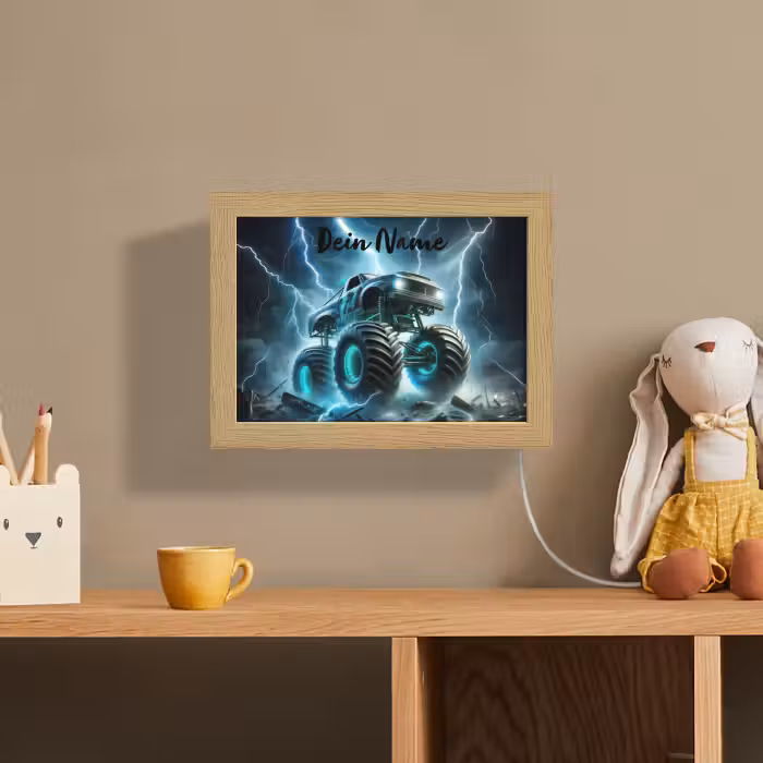 Lightbox - Wandlampe Kinderzimmer mit Namen - Monstertruck - Blitz - Blau - Jungen - Auto