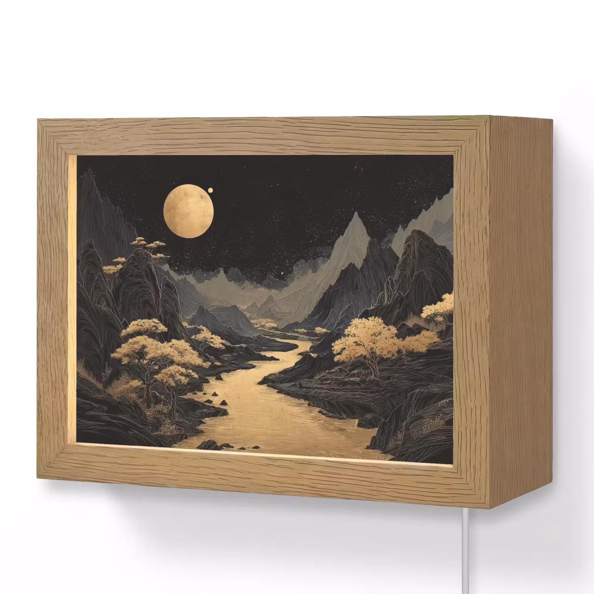 Lightbox - Wandleuchte - Goldener Fluss - Berge - Mond - Sternenhimmel