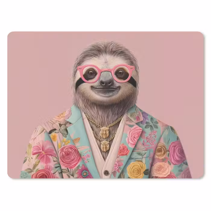 Mauspad - Faultier - Blumendruck - Brille - Rosa
