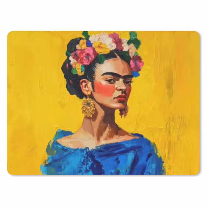 Mauspad - Frida Kahlo - Frau - Gelb - Blau - Blumen