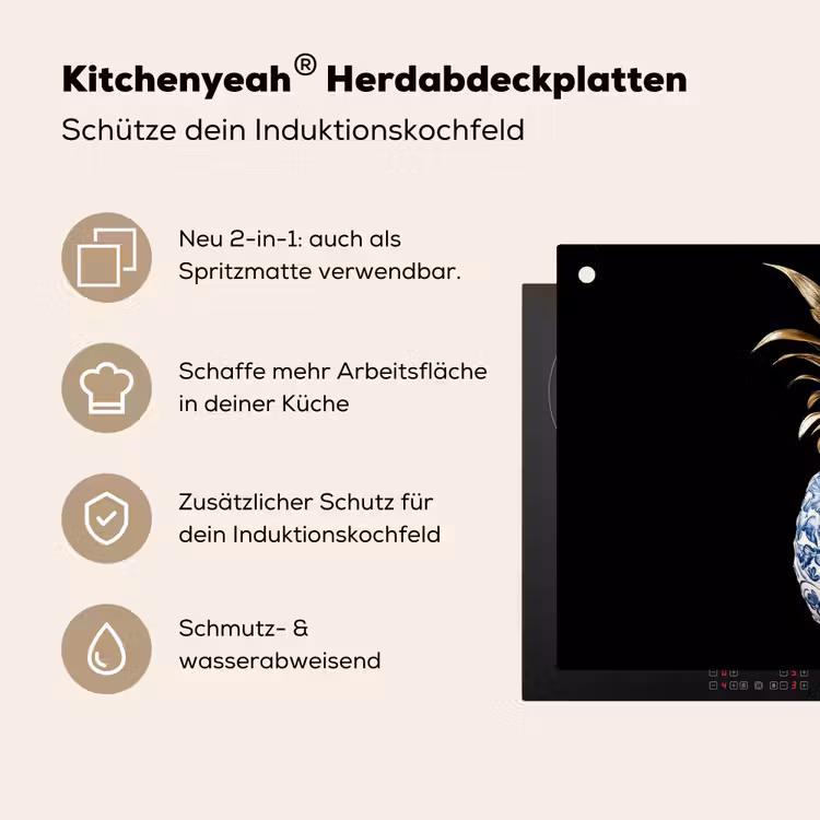 Ananas - Bloemen patroon - Goud - Delftsblauw Inductie beschemer met haakjes klein -ky-usp-de