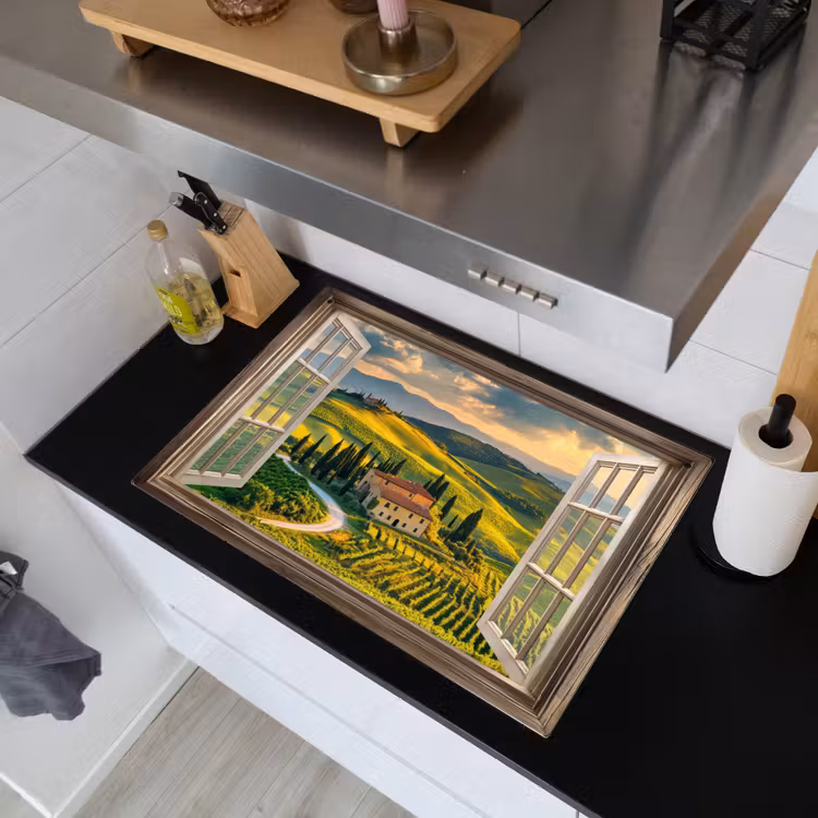 Doorkijk - Toscane - Uitzicht - Landschap - Zomer Inductie beschemer met haakjes klein -sfeer1