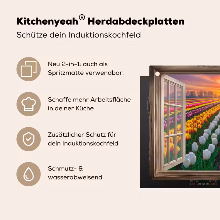 Doorkijk - Bloemen - Tulpen - Kleurrijk - Zonsondergang Inductie beschemer met haakjes klein -ky-usp-de
