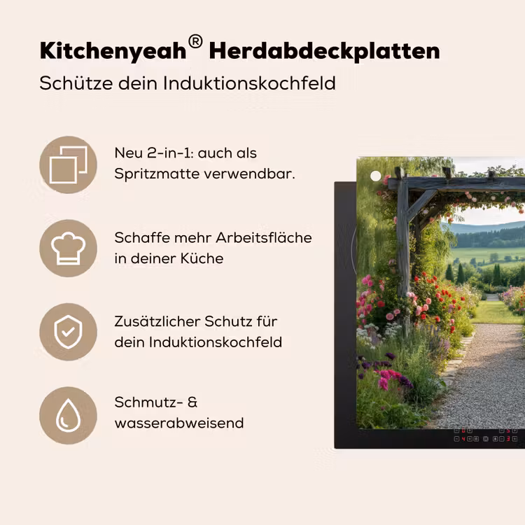 Doorkijk - Landschap - Natuur - Tuinboog - Bloemen Inductie beschemer met haakjes middel -ky-usp-de