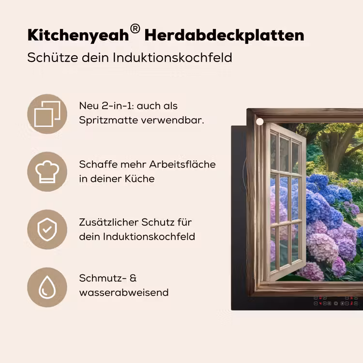 Doorkijk - Tuin - Raam - Hortensia - Bloemen Inductie beschemer met haakjes klein -ky-usp-de