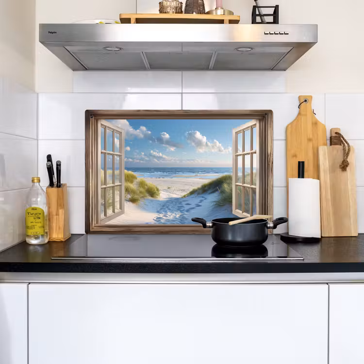 Doorkijk - Strand - Raam - Duinen - Zee Inductie beschemer met haakjes klein -sfeer2