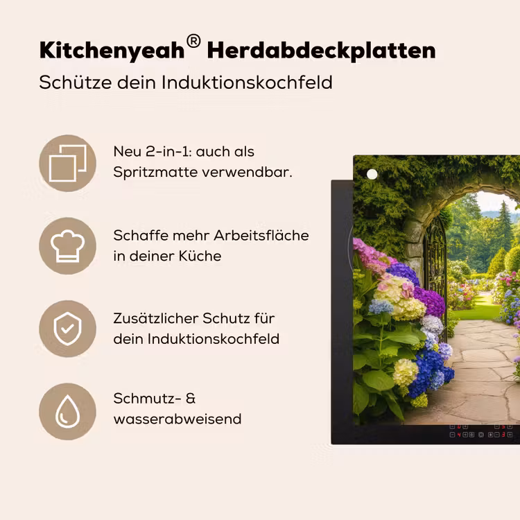 Doorkijk - Poort - Hortensia - Bloementuin Inductie beschemer met haakjes middel -ky-usp-de