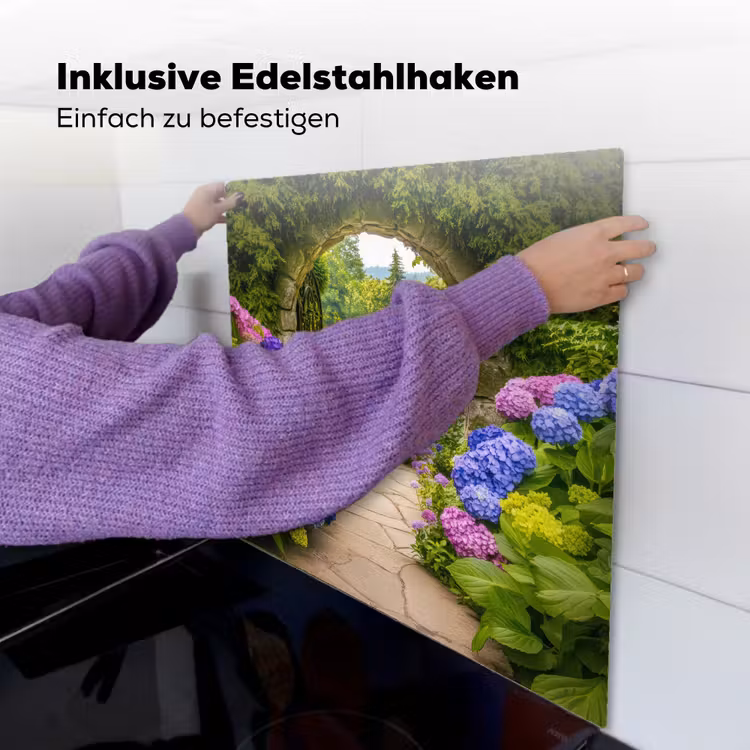 Doorkijk - Poort - Hortensia - Bloementuin Inductie beschemer met haakjes middel -ky-ophangen-de