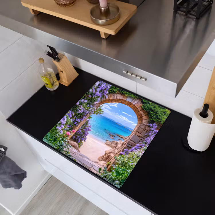 Doorkijk - Poort - Zee - Strand - Rotsen Inductie beschemer met haakjes middel -sfeer1