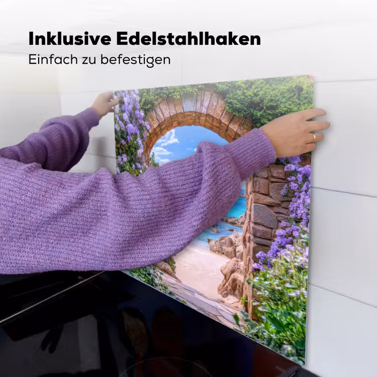 Doorkijk - Poort - Zee - Strand - Rotsen Inductie beschemer met haakjes middel -ky-ophangen-de