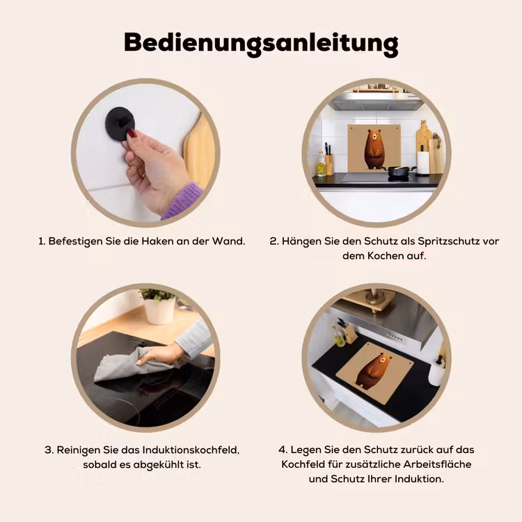 Beer - Minimalistisch - Bruin Inductie beschemer met haakjes middel -ky-gebruik-de