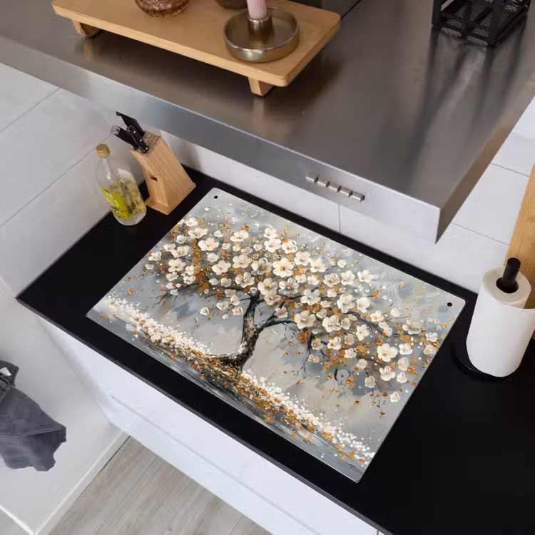 Boom - Bloemen - Wit - Natuur - Kunst Inductie beschemer met haakjes klein -sfeer1