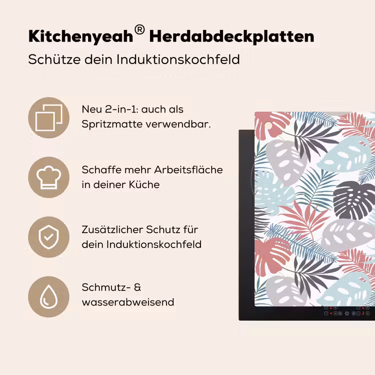 Inductie beschermer - Bladeren - Pastel - Jungle - Afdekplaat voor kookplaat Inductie beschemer met haakjes klein -ky-usp-de