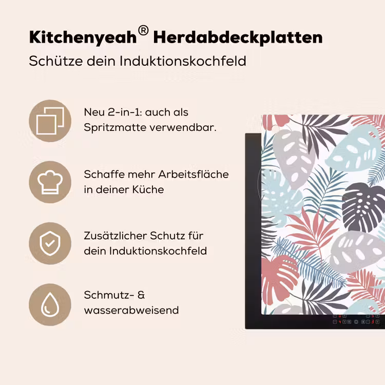 Bladeren - Tropical - Pastel - Jungle Inductie beschemer met haakjes groot -ky-usp-de