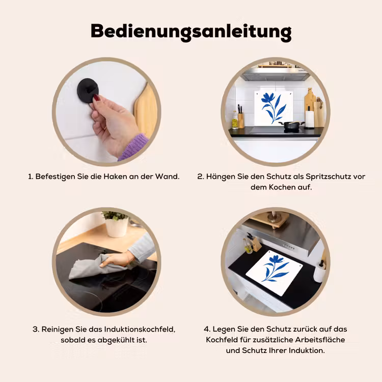 Bloem - Blaadjes - Minimalistisch - Blauw Inductie beschemer met haakjes middel -ky-gebruik-de