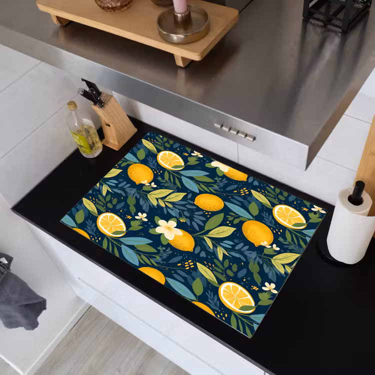 Bloemen - Bladeren - Citroenen - Blauw Inductie beschemer met haakjes klein 777 -sfeer1
