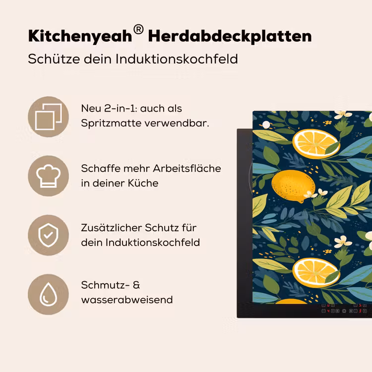 Bloemen - Bladeren - Citroenen - Blauw Inductie beschemer met haakjes klein 777 -ky-usp-de