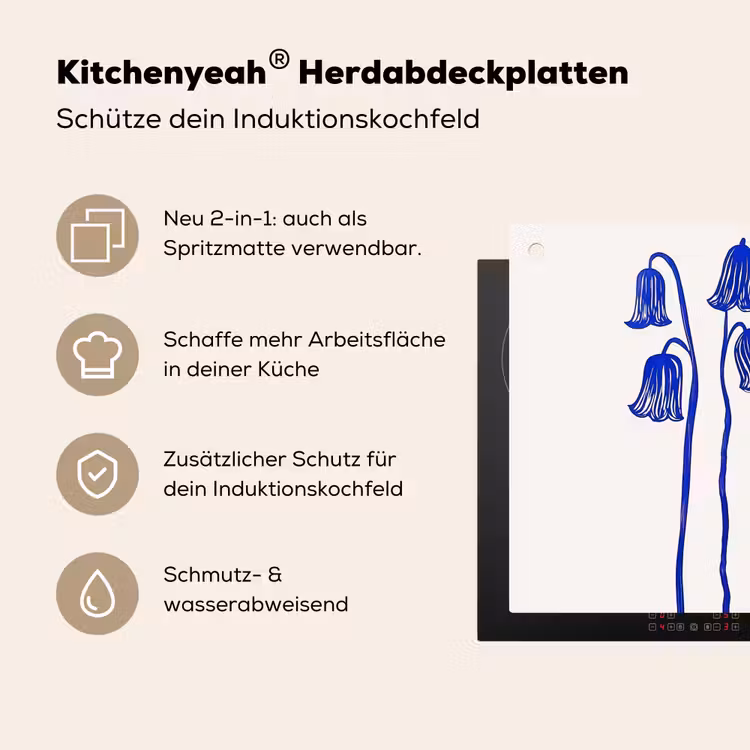 Bloemen - Blauw - Lijnen - Bloemblaadjes Inductie beschemer met haakjes middel -ky-usp-de