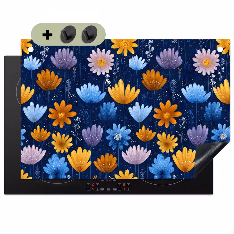 Bloemen - Patroon - Blauw - Contrast Inductie beschemer met haakjes klein -3d