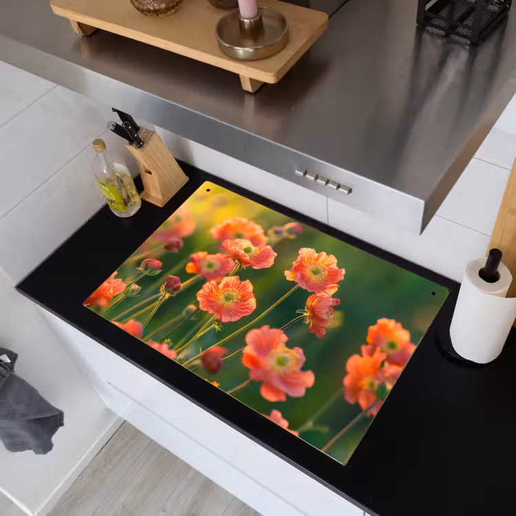 Bloemenveld - Zonnestralen - Oranje Inductie beschemer met haakjes klein -sfeer1