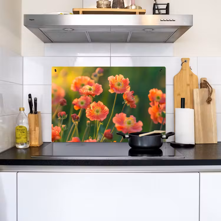 Bloemenveld - Zonnestralen - Oranje Inductie beschemer met haakjes klein -sfeer2