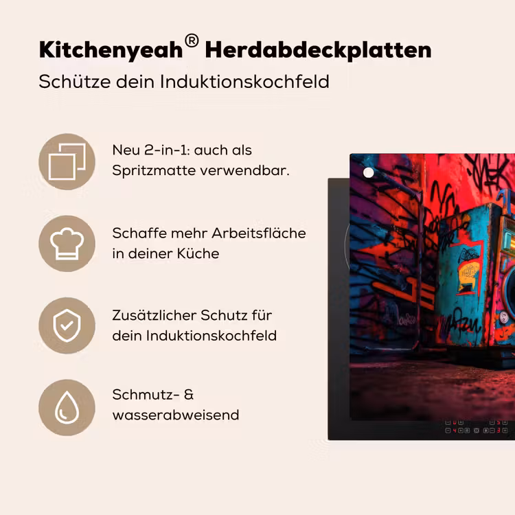 Boombox - Rood - Graffiti - Neon Inductie beschemer met haakjes klein -ky-usp-de