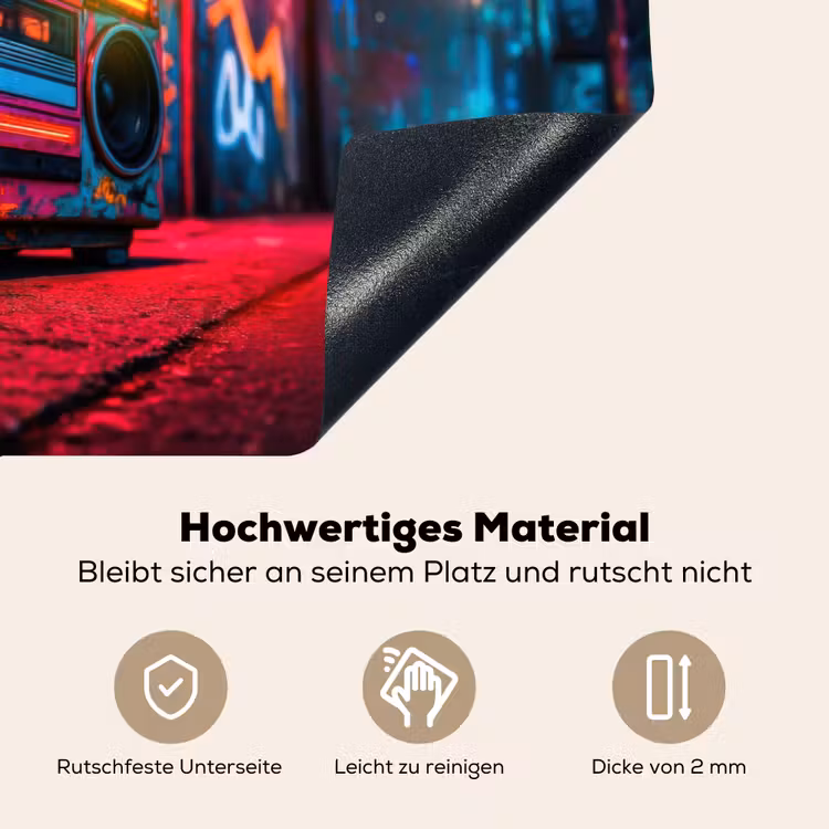 Boombox - Rood - Graffiti - Neon Inductie beschemer met haakjes klein -ky-onderkant-de