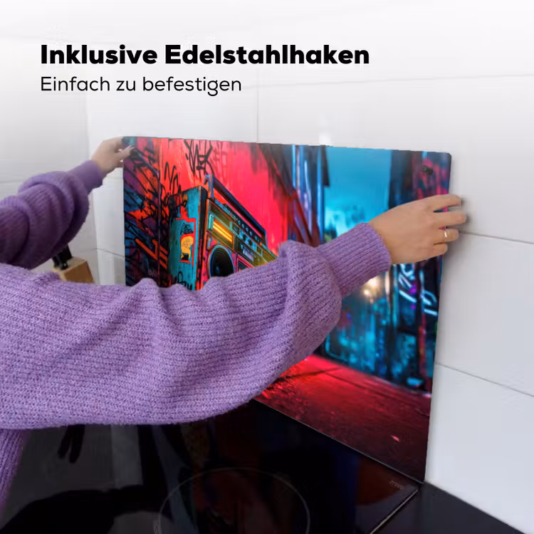 Boombox - Rood - Graffiti - Neon Inductie beschemer met haakjes klein -ky-ophangen-de