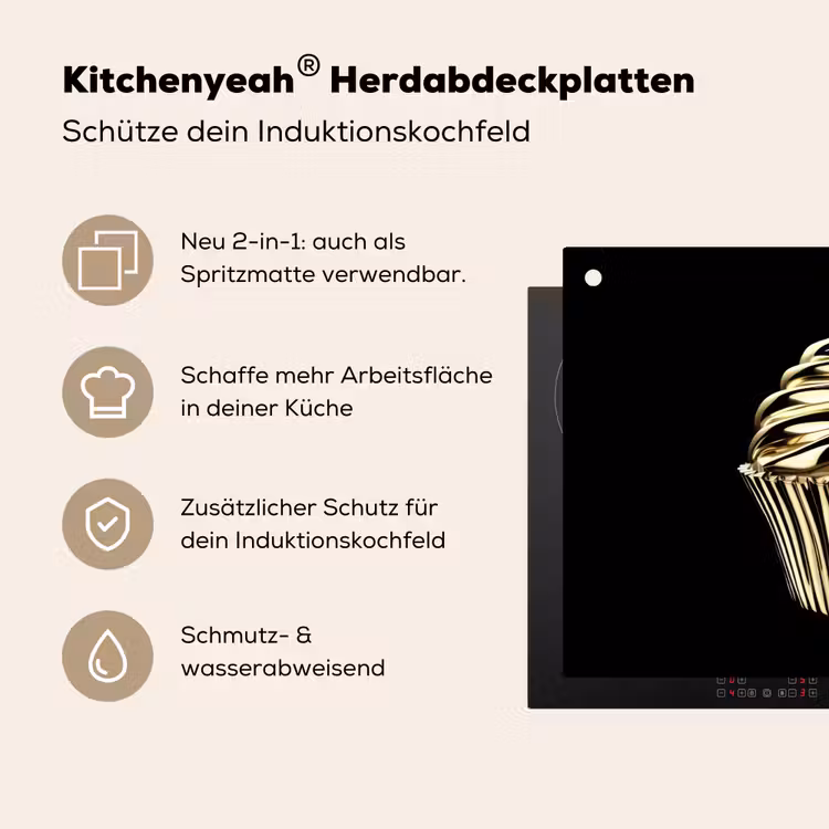 Cupcake - Eten - Goud - Zwart Inductie beschemer met haakjes klein -ky-usp-de