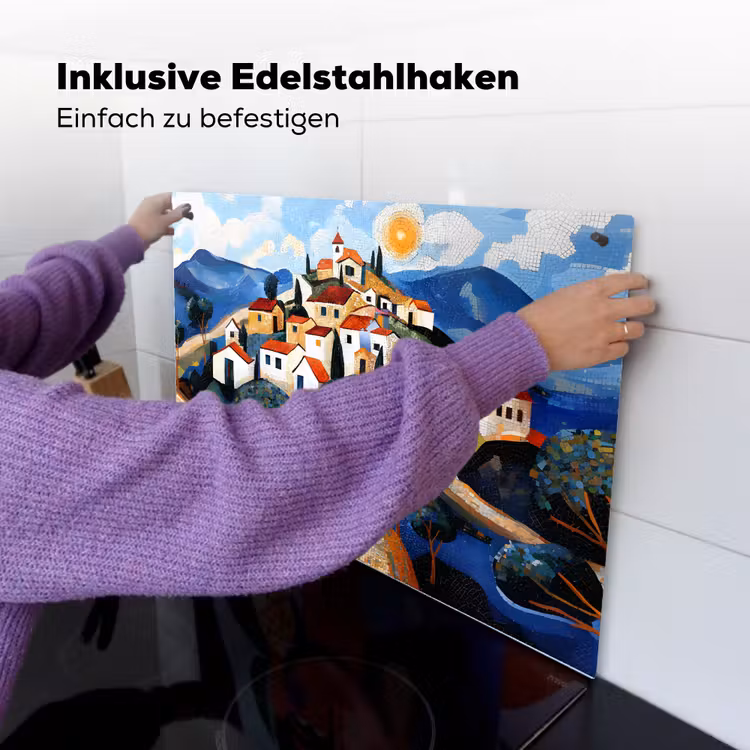 Dorp - Heuvelachtig - Zon - Mozaïek Inductie beschemer met haakjes klein -ky-ophangen-de