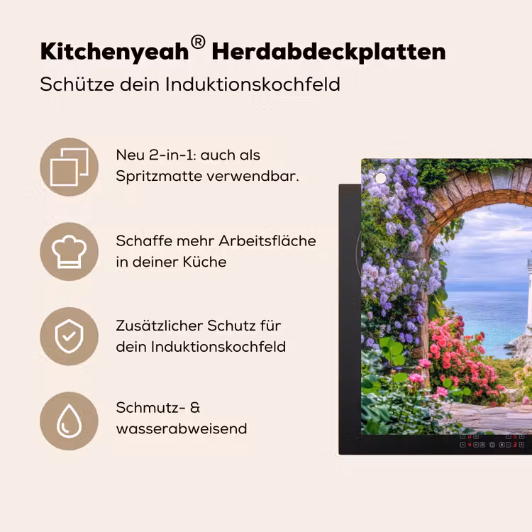 Doorkijk - Vuurtoren - Bloemen - Uitzicht Inductie beschemer met haakjes middel -ky-usp-de