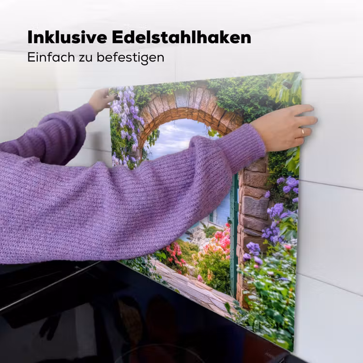 Doorkijk - Vuurtoren - Bloemen - Uitzicht Inductie beschemer met haakjes middel -ky-ophangen-de