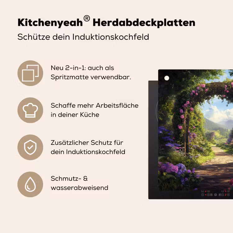 Doorkijk - Rozenboog - Uitzicht - Landschap - Bloemen Inductie beschemer met haakjes middel -ky-usp-de