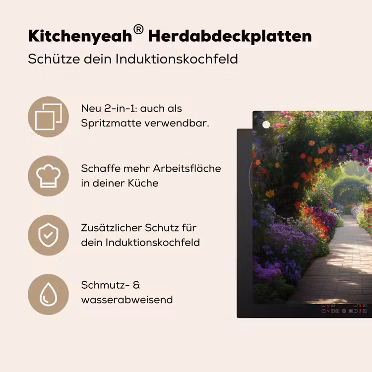 Doorkijk - Pad - Bloemen - Struik - Kleurrijk Inductie beschemer met haakjes middel -ky-usp-de