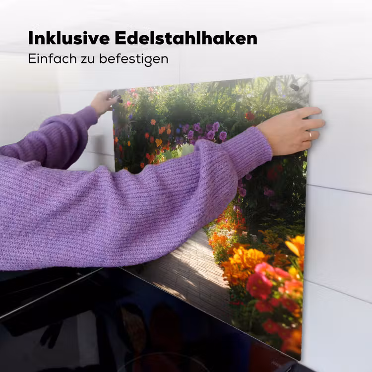 Doorkijk - Pad - Bloemen - Struik - Kleurrijk Inductie beschemer met haakjes middel -ky-ophangen-de