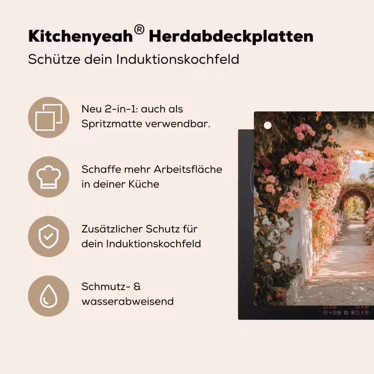 Doorkijk - Boog - Bloemen - Pastel Inductie beschemer met haakjes middel -ky-usp-de