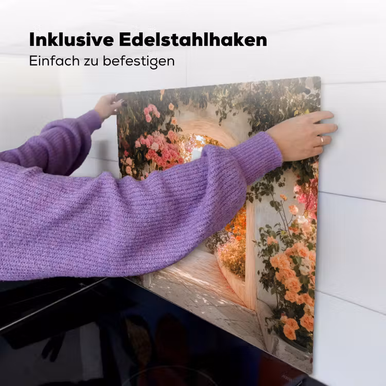 Doorkijk - Boog - Bloemen - Pastel Inductie beschemer met haakjes middel -ky-ophangen-de