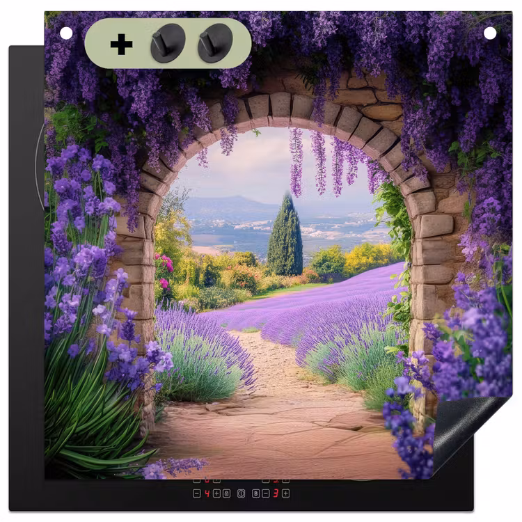 Doorkijk - Lavendel - Bloemen - Paars - Poort Inductie beschemer met haakjes middel -3d