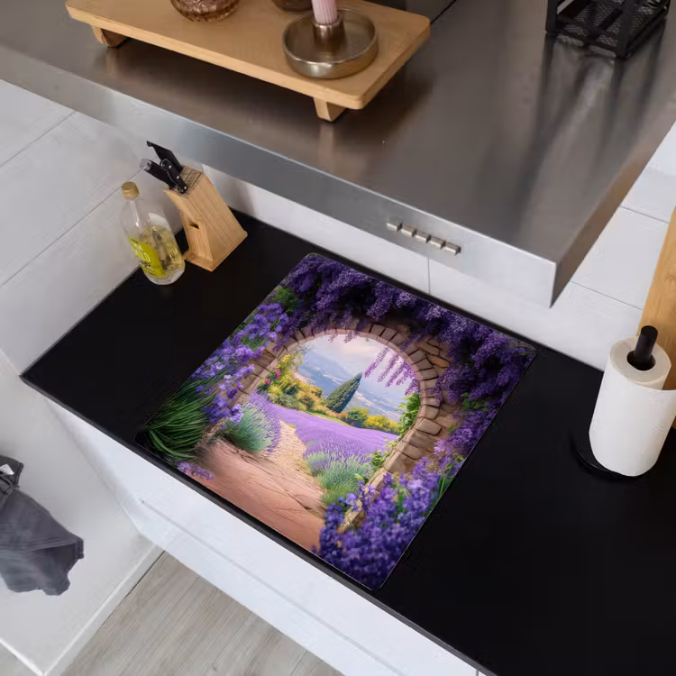Doorkijk - Lavendel - Bloemen - Paars - Poort Inductie beschemer met haakjes middel -sfeer1