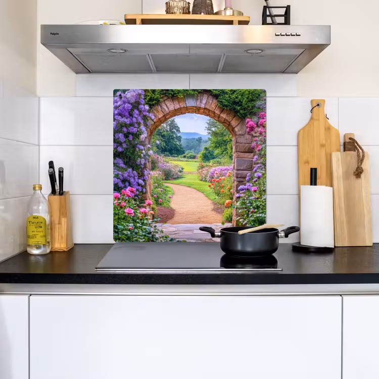 Doorkijk - Poort - Bloemen - Tuin Inductie beschemer met haakjes middel -sfeer2