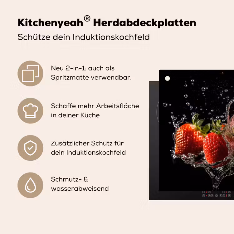 Aardbeien - Fruit - Rood - Water - Zwart Inductie beschemer met haakjes klein -ky-usp-de