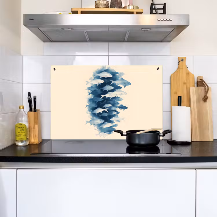 Vissen - Minimalistisch - Blauw Inductie beschemer met haakjes klein -sfeer2