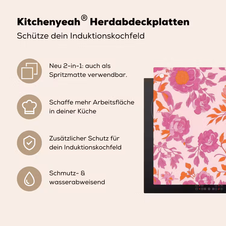 Bloemenpatroon - Roze - Oranje - Bloemen Inductie beschemer met haakjes klein -ky-usp-de