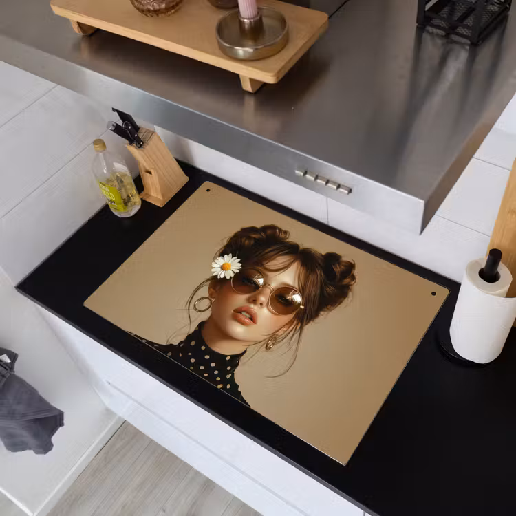 Vrouw - Beige - Bloem - Modern - Portret Inductie beschemer met haakjes klein -sfeer1