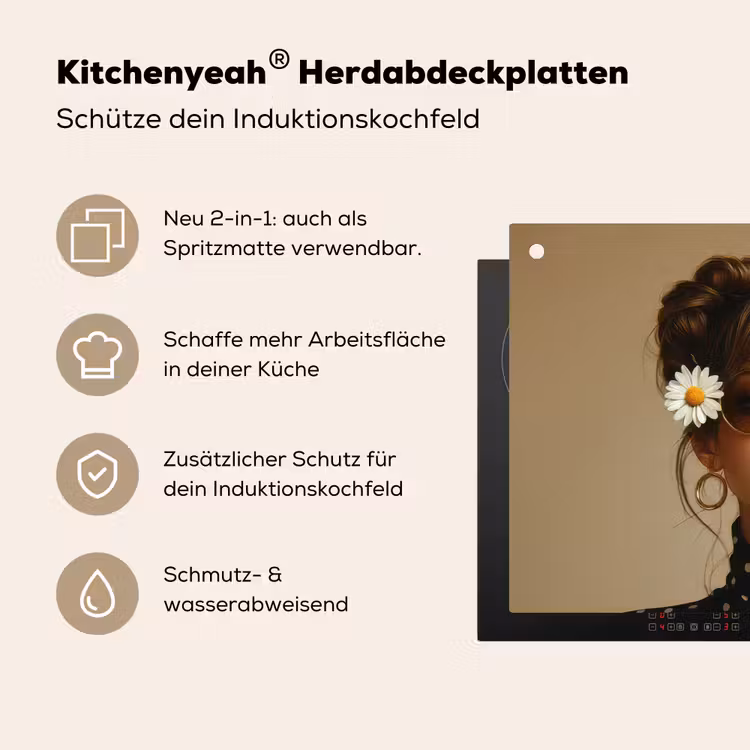 Vrouw - Beige - Bloem - Modern - Portret Inductie beschemer met haakjes klein -ky-usp-de