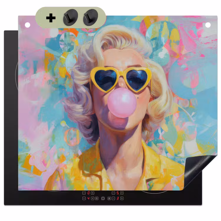 Vrouw - Blond - Roze kauwgom - Kleurrijk - Pastel Inductie beschemer met haakjes middel -3d